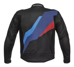 Back view of the BMW Biker Jacket – A sleek black leather jacket featuring the iconic BMW Motorrad logo with bold blue, white, and red stripes spanning across the back.