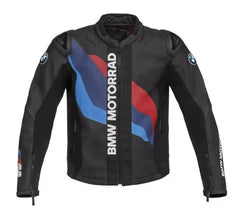 Front view of the BMW Biker Jacket – A black leather jacket featuring the iconic BMW Motorrad logo with blue, white, and red stripes across the chest, complemented by additional BMW logos on the sleeves and back.