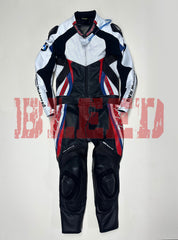 Front view of the BMW Double R Men's Motorbike Race Suit. The suit features white, black, red, and blue accents with prominent BMW Motorrad branding on the chest and sleeves. Designed for racing, it includes padded protection on the shoulders, elbows, and knees, combining safety with a sleek, aerodynamic design