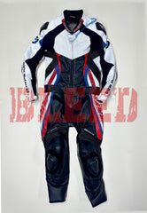 Front view of the BMW Double R Men's Motorbike Race Suit. The suit features white, black, red, and blue accents with prominent BMW Motorrad branding on the chest and sleeves. Designed for racing, it includes padded protection on the shoulders, elbows, and knees, combining safety with a sleek, aerodynamic design