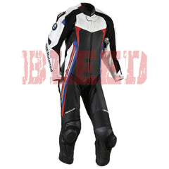 Front view of the BMW Double R Men's Motorbike Race Suit. The suit features white, black, red, and blue accents with prominent BMW Motorrad branding on the chest and sleeves. Designed for racing, it includes padded protection on the shoulders, elbows, and knees, combining safety with a sleek, aerodynamic design