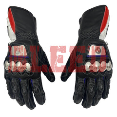 Bmw Black leather motorcycle racing gloves with red and white accents. The gloves feature the BMW Motorrad logo, protective knuckle guards, and a textured palm.