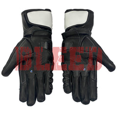 Bmw Black leather motorcycle racing gloves with white accents. The gloves feature a long gauntlet-style cuff, reinforced knuckles, and a textured palm