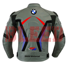 Back view of the BMW Motorrad Racing Motorcycle Jacket. The gray leather jacket features a large BMW logo centered at the upper back, with red and blue accents, along with the 'BMW Motorrad' branding and SBK logo near the waist. Designed for motorcycle riders, offering a stylish and protective fit.