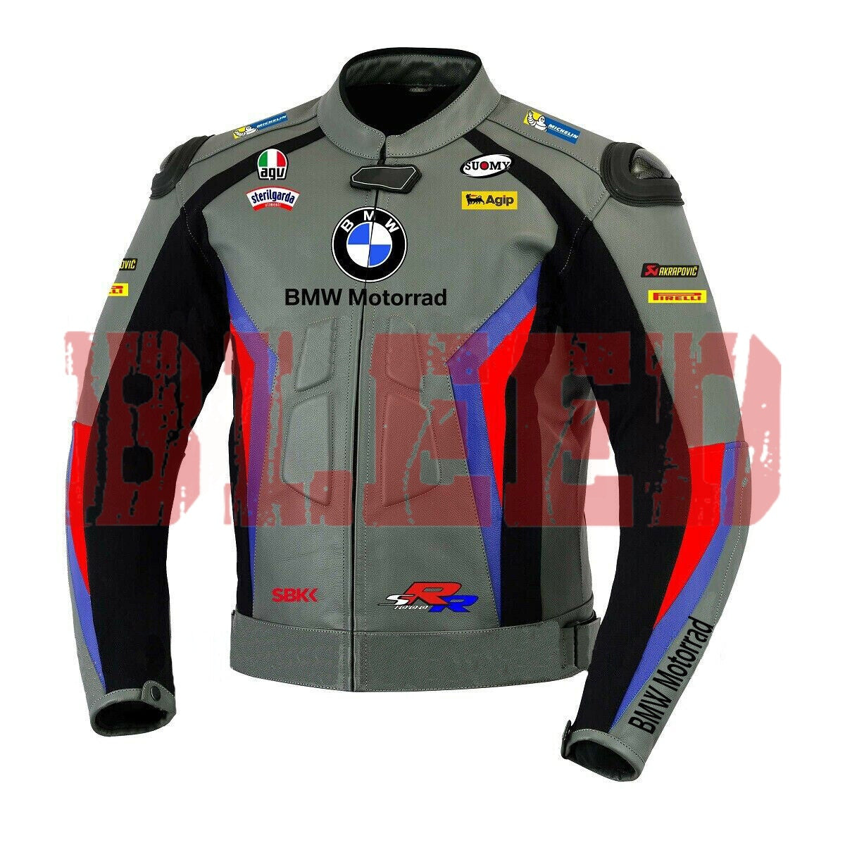 Front view of the BMW Motorrad Racing Motorcycle Jacket in gray with black, blue, and red detailing. The jacket displays prominent sponsor logos and is crafted from premium leather, ideal for motorbike riders seeking style and protection