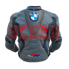 Back view of the BMW Motorrad Racing Motorcycle Jacket. The gray leather jacket features a large BMW logo centered at the upper back, with red and blue accents, along with the 'BMW Motorrad' branding and SBK logo near the waist. Designed for motorcycle riders, offering a stylish and protective fit.