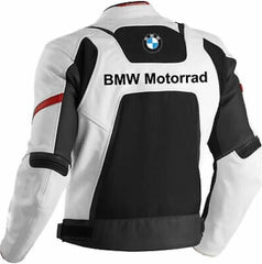 Back view of the BMW Motorrad Motorbike Jacket – A white leather jacket with black accents and red piping, featuring the iconic BMW logo along with the "BMW Motorrad" text prominently displayed on the back.