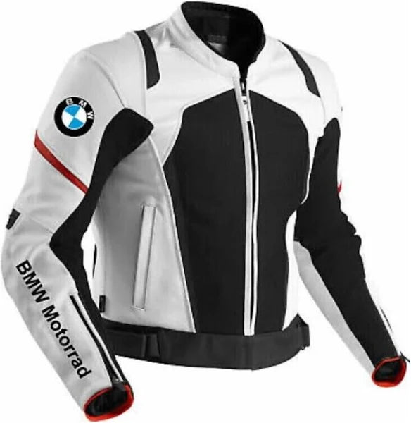 Front view of the BMW Motorrad Motorbike Jacket – A white leather jacket with black accents and red piping, showcasing the iconic BMW logo on the chest and "BMW Motorrad" elegantly displayed on the sleeve.