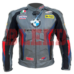 Front view of the BMW Motorrad Racing Motorcycle Jacket in gray with black, blue, and red detailing. The jacket displays prominent sponsor logos and is crafted from premium leather, ideal for motorbike riders seeking style and protection