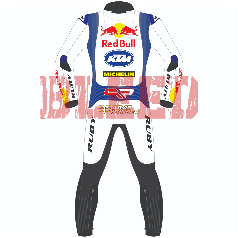 Back view of Brad Binder's 2024 KTM MotoGP race suit for British GP, featuring Red Bull, KTM, and Michelin branding. White and blue design with sponsor logos for professional performance