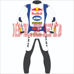 Back view of Brad Binder's 2024 KTM MotoGP race suit for British GP, featuring Red Bull, KTM, and Michelin branding. White and blue design with sponsor logos for professional performance