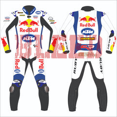 Front and back views of Brad Binder's 2024 KTM MotoGP race suit for British GP. White, blue, and red suit with Red Bull, KTM, and Michelin logos. High-performance motorcycle suit for race enthusiasts