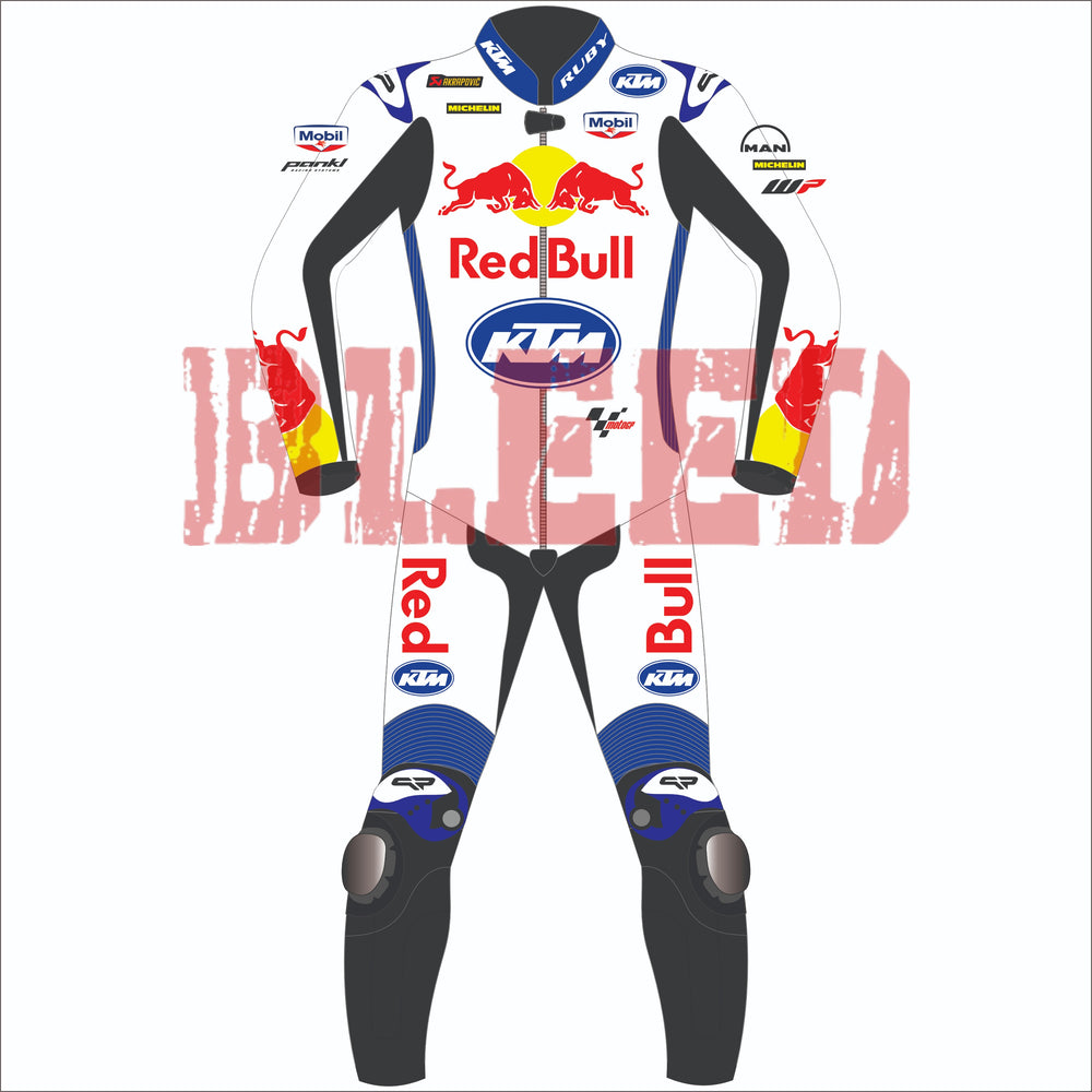 Front view of Brad Binder's official 2024 KTM MotoGP race suit for British GP. Features Red Bull, KTM, and Michelin sponsor logos in a sleek white and blue design