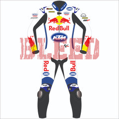 Front view of Brad Binder's official 2024 KTM MotoGP race suit for British GP. Features Red Bull, KTM, and Michelin sponsor logos in a sleek white and blue design