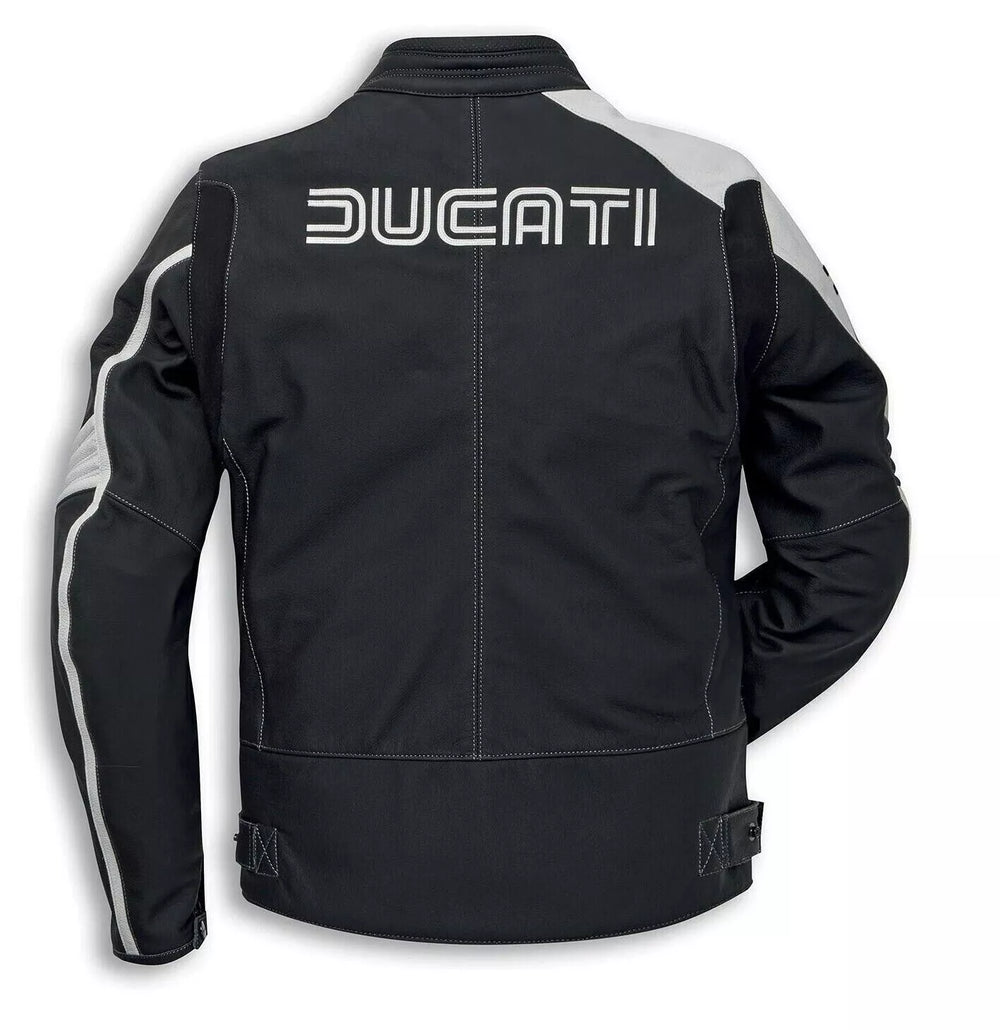 Back view of Ducati 77 men's motorcycle leather jacket featuring large Ducati logo and contrast shoulder and sleeve panels