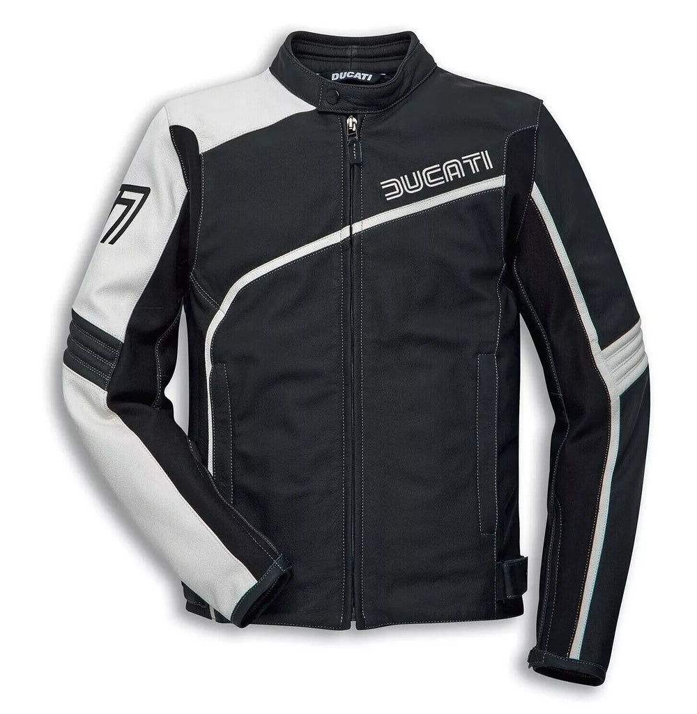 Front view of Ducati 77 men's motorbike leather biker jacket with black and white panels, diagonal chest stripe, and Ducati branding on chest and collar