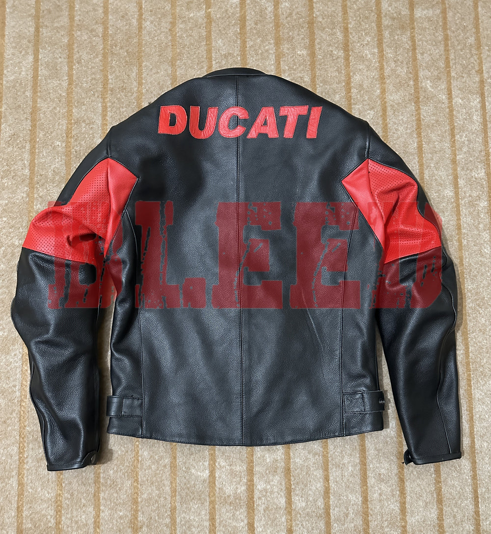 Back View of Ducati C4 Leather Motorcycle Jacket – Black and Red Style with Iconic Ducati Logo, High-Quality Perforated Leather, and Sleek Fit for Riders