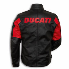 Back View of Ducati C4 Leather Motorcycle Jacket – Black and Red Style with Iconic Ducati Logo, High-Quality Perforated Leather, and Sleek Fit for Riders