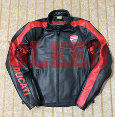 Front View of Ducati C4 Leather Motorcycle Jacket – Black and Red Style with Iconic Ducati Logo, High-Quality Perforated Leather, and Sleek Fit for Riders