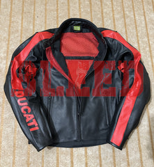 Front Open View of Ducati C4 Leather Motorcycle Jacket – Black and Red Style with Iconic Ducati Logo, High-Quality Perforated Leather, and Sleek Fit for Riders