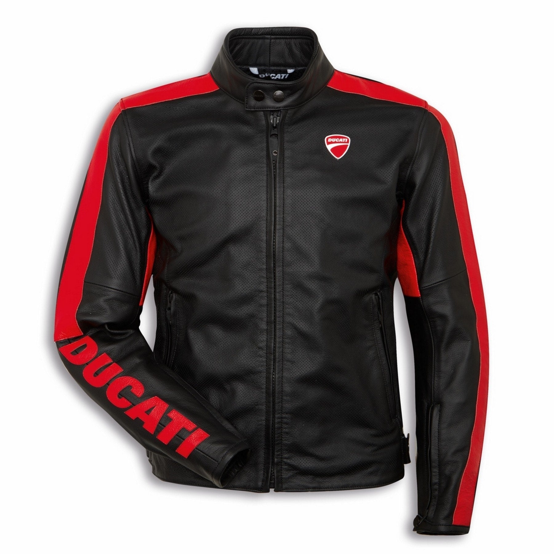 Front View of Ducati C4 Leather Motorcycle Jacket – Black and Red Style with Iconic Ducati Logo, High-Quality Perforated Leather, and Sleek Fit for Riders