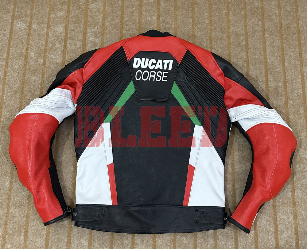 Back view of the Ducati Corse C3 Leather Motorcycle Jacket in black, red, and white with green accents. Features 'Ducati Corse' branding on the upper back, with reinforced stitching and ergonomic design for comfort and protection.
