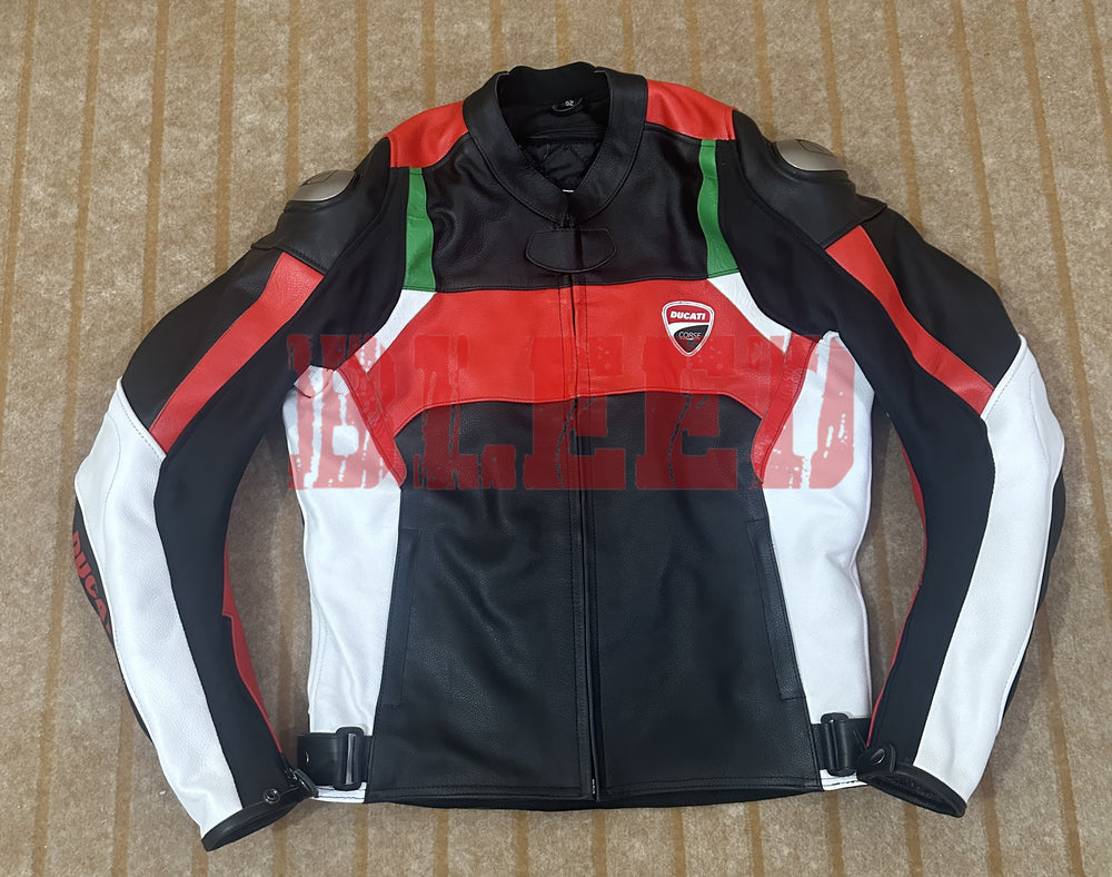 Front view of the Ducati Corse C3 Leather Motorcycle Jacket in black, red, and white with green accents. The jacket prominently displays the Ducati Corse logo on the chest and is crafted from premium leather, offering a stylish and protective design for motorcycle enthusiasts