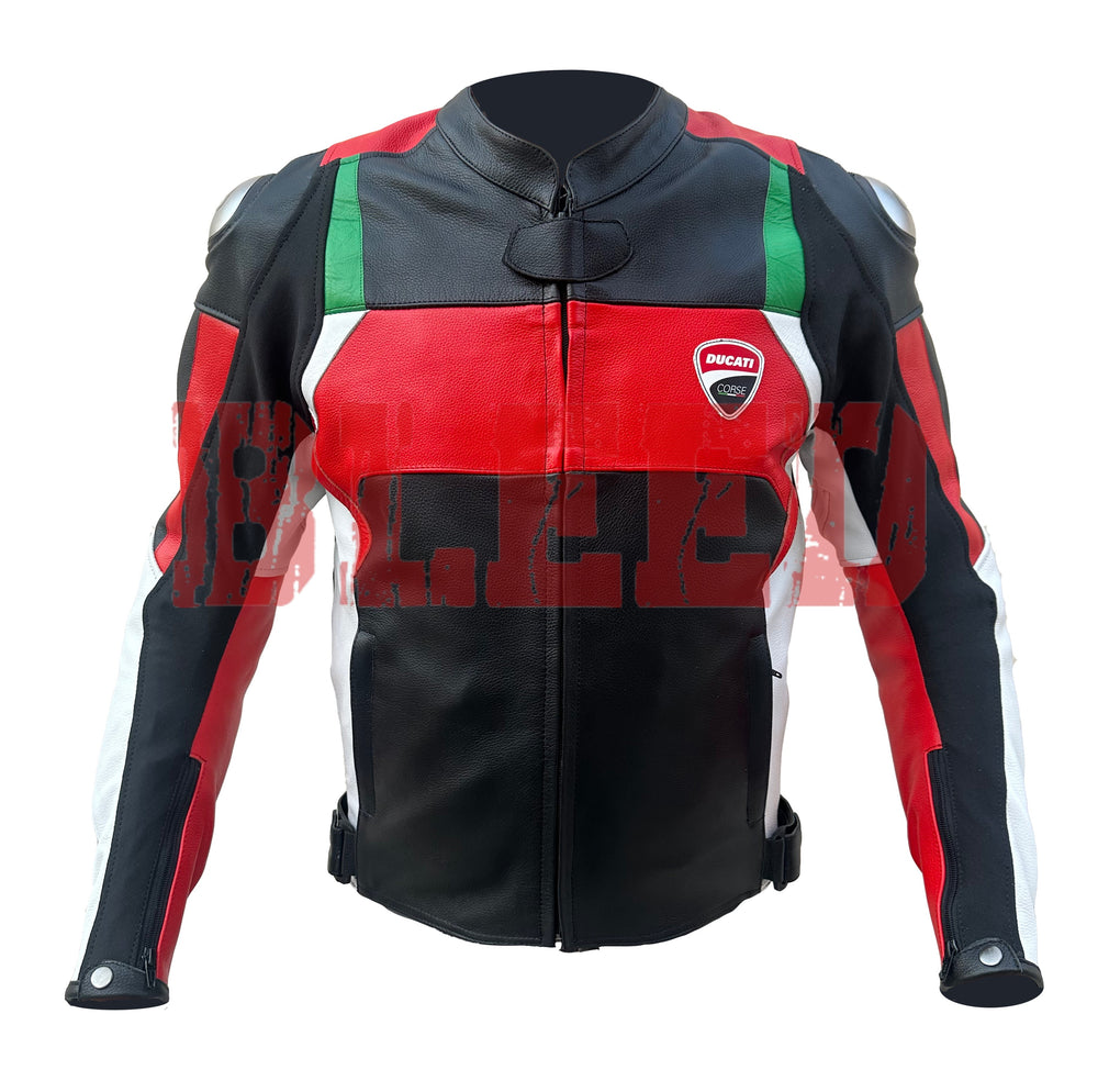 Front view of the Ducati Corse C3 Leather Motorcycle Jacket in black, red, and white with green accents. The jacket prominently displays the Ducati Corse logo on the chest and is crafted from premium leather, offering a stylish and protective design for motorcycle enthusiasts
