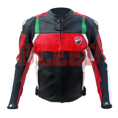 Front view of the Ducati Corse C3 Leather Motorcycle Jacket in black, red, and white with green accents. The jacket prominently displays the Ducati Corse logo on the chest and is crafted from premium leather, offering a stylish and protective design for motorcycle enthusiasts