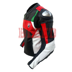 Side view of the Ducati Corse C3 Leather Motorbike Jacket in black, red, and white with green accents. The image highlights the Ducati Corse logo on the chest and the protective shoulder armor, emphasizing the jacket's sporty design and durability for motorcycle riding.