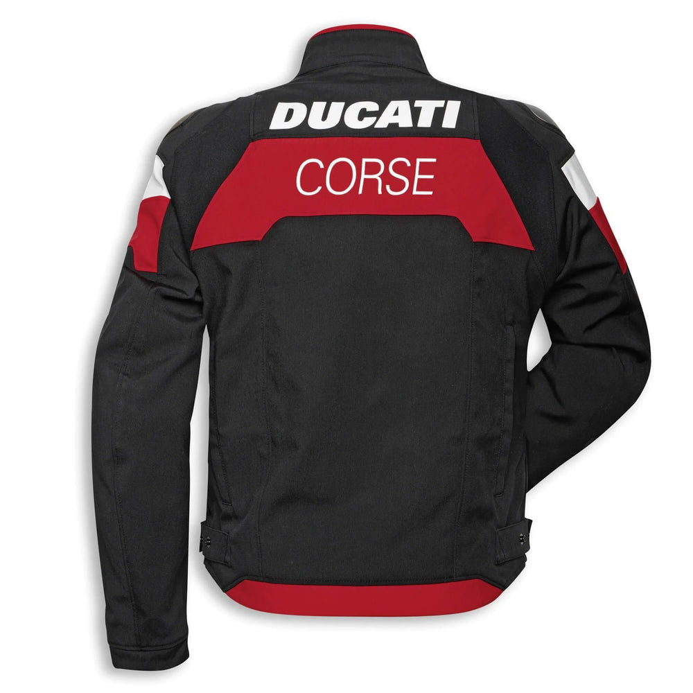 Back view of the Ducati Corse C5 Men's Motorcycle Leather Jacket in black with red and white accents. Features bold 'Ducati' branding across the upper back and 'Corse' in the center. Made from high-quality leather, designed for motorcycle enthusiasts prioritizing style and protection.