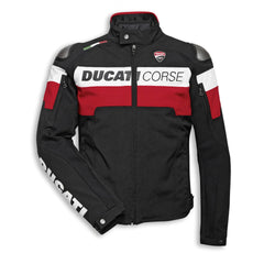 Front view of the Ducati Corse C5 Men's Motorcycle Leather Jacket in black with red and white accents. Features prominent 'Ducati Corse' branding on the chest and 'Ducati' on the sleeves. Crafted from premium leather, designed for both style and rider protection.