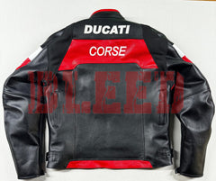 Back view of the Ducati Corse C5 Men's Motorcycle Leather Jacket in black with red and white accents. Features bold 'Ducati' branding across the upper back and 'Corse' in the center. Made from high-quality leather, designed for motorcycle enthusiasts prioritizing style and protection.