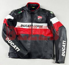 Front view of the Ducati Corse C5 Men's Motorcycle Leather Jacket in black with red and white accents. Features prominent 'Ducati Corse' branding on the chest and 'Ducati' on the sleeves. Crafted from premium leather, designed for both style and rider protection.