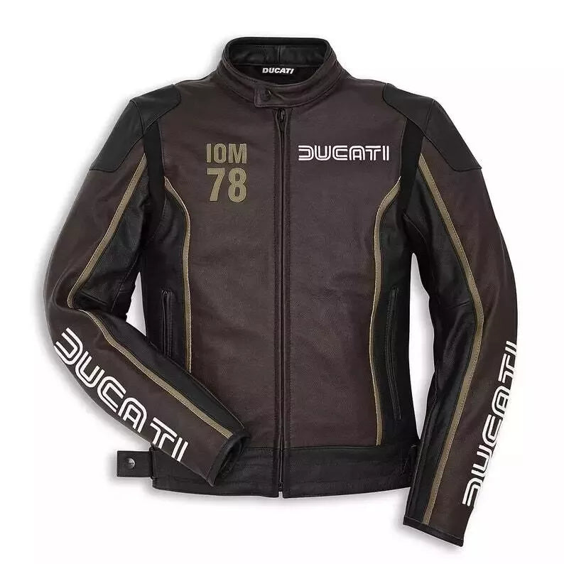 Front view of Ducati IOM 78 motorcycle leather jacket featuring olive green detailing, zip closure, and Ducati logo on chest and sleeves