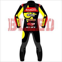 Rear view of the 2024 Fabio Di Giannantonio VR46 Pertamina Enduro racing suit for the British GP, featuring bold yellow and black colors with prominent branding from sponsors such as Enduro, eBay, and Michelin, along with personalized 'Diggia' text and Ruby Racing logos