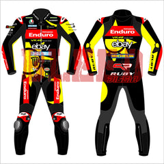 Front and rear view of the 2024 Fabio Di Giannantonio VR46 Pertamina Enduro racing suit for the British GP, featuring vibrant yellow and black design, sponsor logos, and Ruby branding.