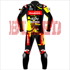 Front view of the 2024 Fabio Di Giannantonio VR46 Pertamina Enduro racing suit for the British GP, showcasing the striking yellow and black color scheme, along with prominent sponsor logos including Enduro, eBay, and Monster Energy