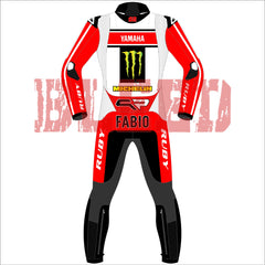 Back view of Fabio Quartararo 2024 British GP Yamaha Race Suit featuring red, black, and white design with Yamaha and Monster Energy branding, along with other sponsor logos. High-quality racing gear for motorcycle enthusiasts