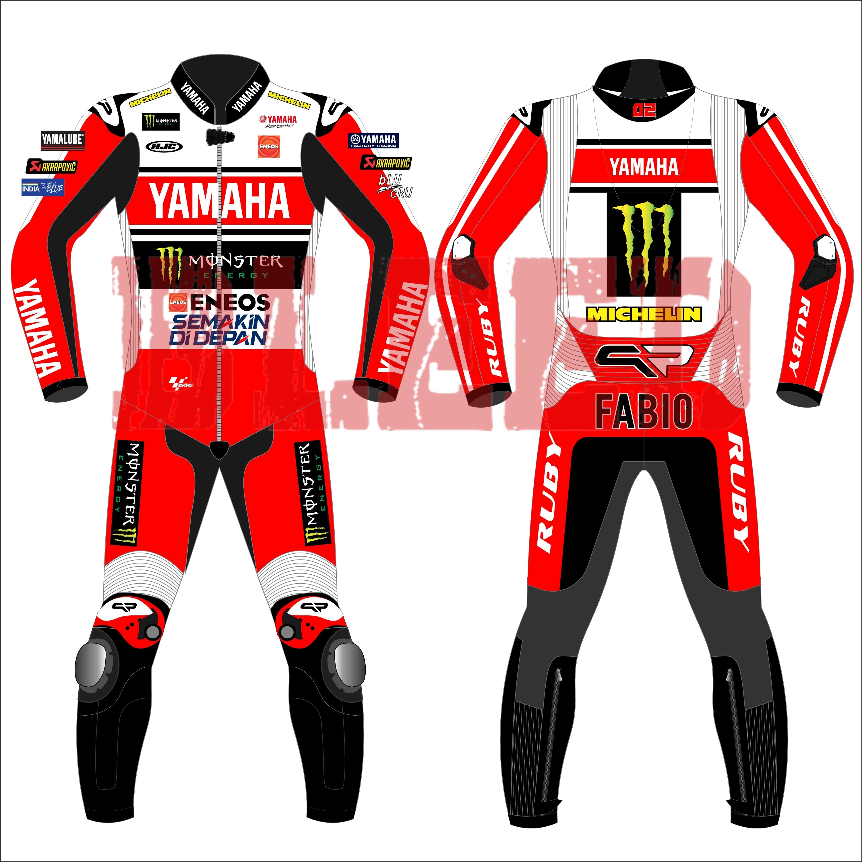 Fabio Quartararo 2024 British GP Yamaha Race Suit in red, black, and white with Yamaha and Monster Energy branding, featuring detailed sponsor logos and professional race fit. Front and back views displayed.