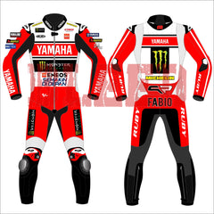 Fabio Quartararo 2024 British GP Yamaha Race Suit in red, black, and white with Yamaha and Monster Energy branding, featuring detailed sponsor logos and professional race fit. Front and back views displayed.