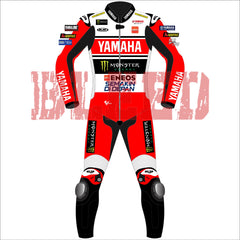 Front view of Fabio Quartararo 2024 British GP Yamaha Race Suit featuring red, black, and white design with Yamaha and Monster Energy branding, along with other sponsor logos. High-quality racing gear for motorcycle enthusiasts