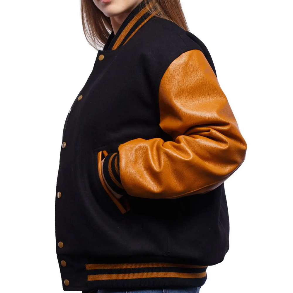 Women Black-Orange Varsity Jacket-3