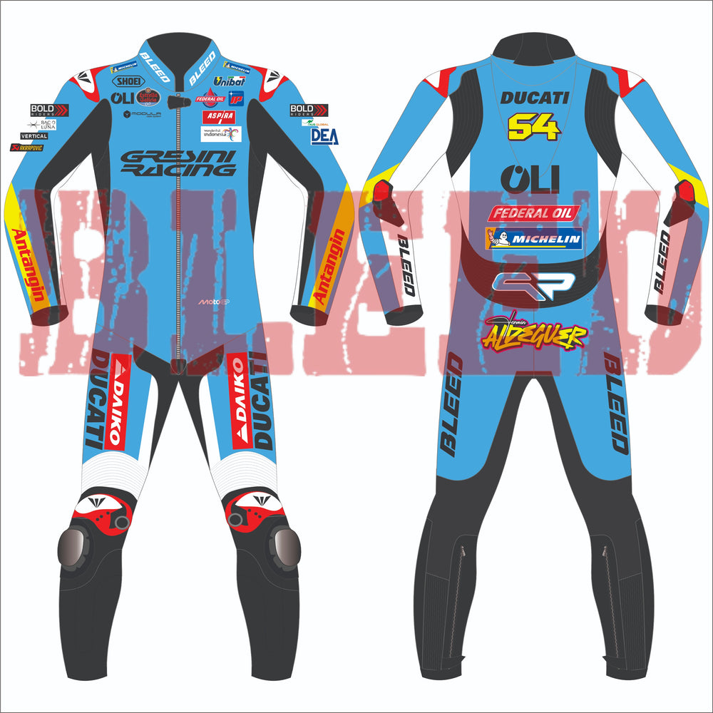 Fermin Aldeguer Ducati Gresini MotoGP 2025 race suit in blue and black with sponsor logos, premium leather motorcycle racing suit front and back view.