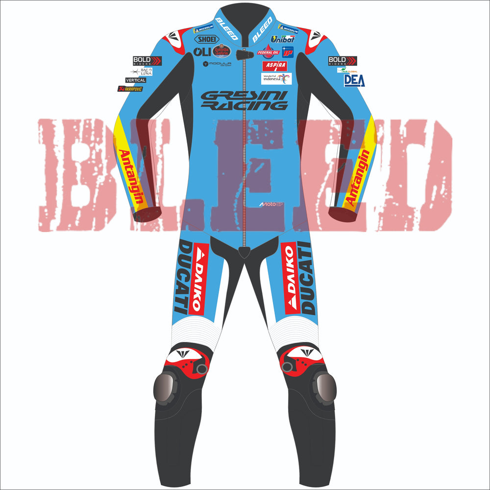 Front view of Fermin Aldeguer’s 2025 MotoGP Ducati Gresini Racing leather race suit in blue and black, featuring sponsor logos like OLI, Federal Oil, Michelin, and bold “Aldeguer” graphics with red and yellow accents.