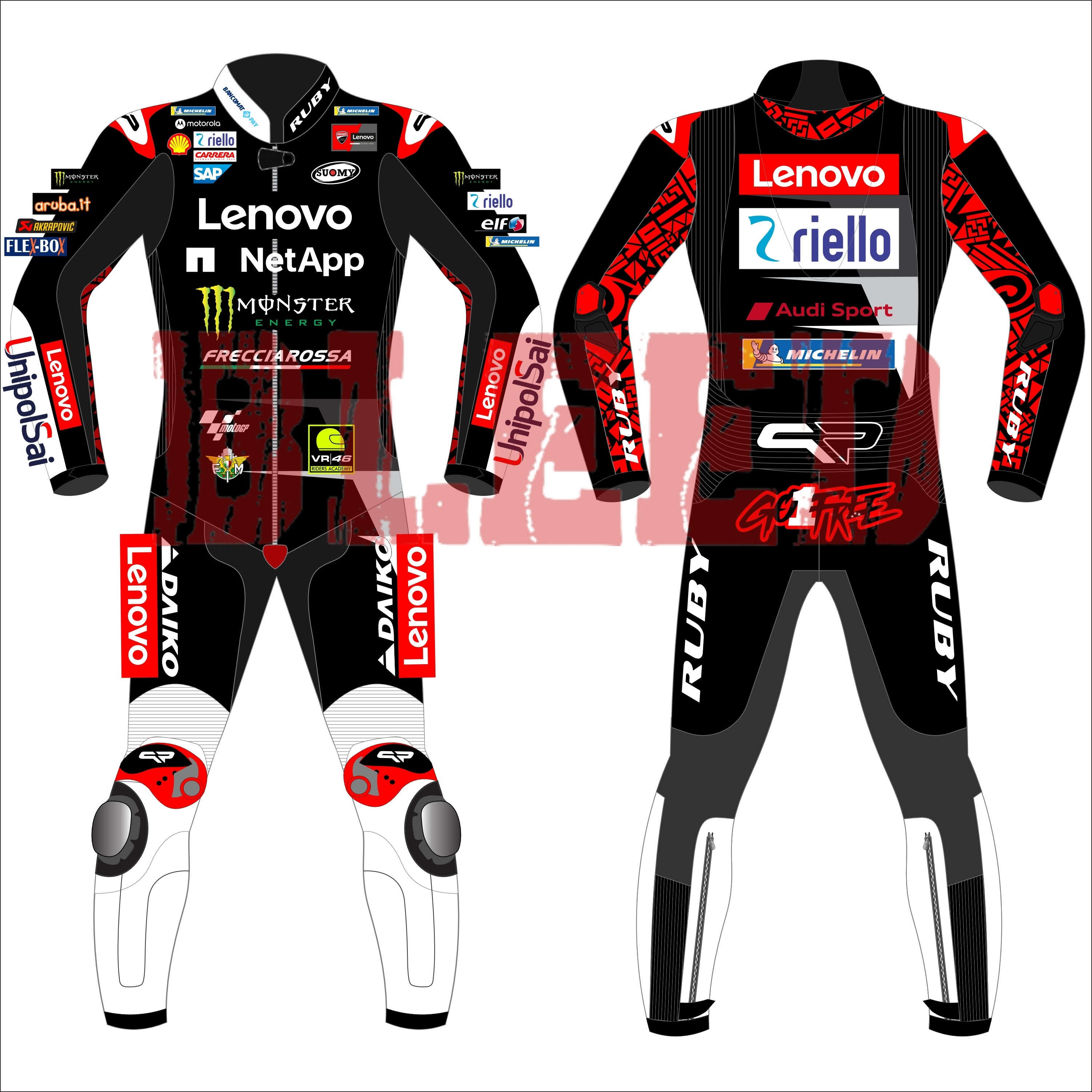 Francesco Bagnaia Ducati Motorcycle Riding Suit BritishGP 2024. The suit is predominantly black with red and white accents, featuring sponsor logos such as Lenovo, NetApp, Monster Energy, and Riello. The front view shows the suit with a central zipper, while the back view displays prominent branding at the top. Matching gloves and boots in white with red detailing complete the ensemble