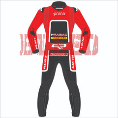 Back view of Franco Morbidelli's 2024 Pramac Race Suit for the British GP. The suit is red with black and white accents, featuring 'PRIMA' branding at the top and a large black panel with 'PRAMAC' and 'MICHELIN' logos in the center. The lower back showcases the 'MORBIDELLI' logo in Red.. The legs have black panels and additional padding for safety