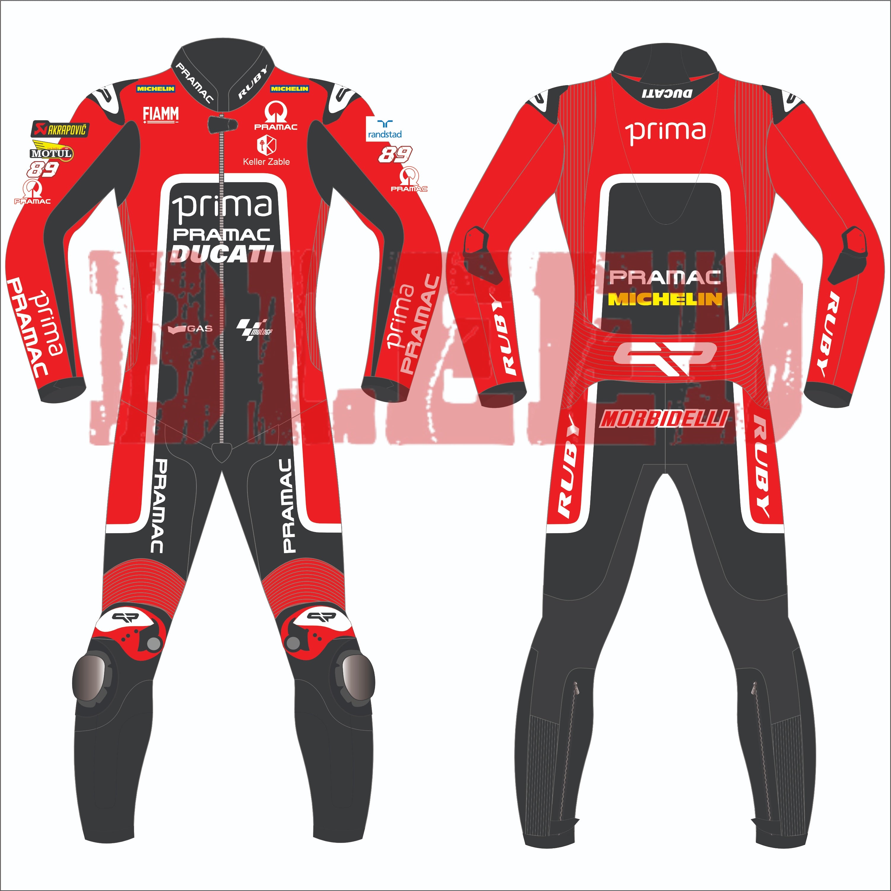 Franco Morbidelli's 2024 Pramac Race Suit for the British GP, shown in front and back views. The suit is predominantly red with 'PRIMA PRAMAC DUCATI' branding on the chest, complemented by sponsor logos including Michelin, FIAMM, and the number 89. The back features a black panel with additional logos, including 'PRIMA PRAMAC' and 'MICHELIN.' The suit includes protective padding at the knees and elbows, designed for optimal safety during high-speed racing events.