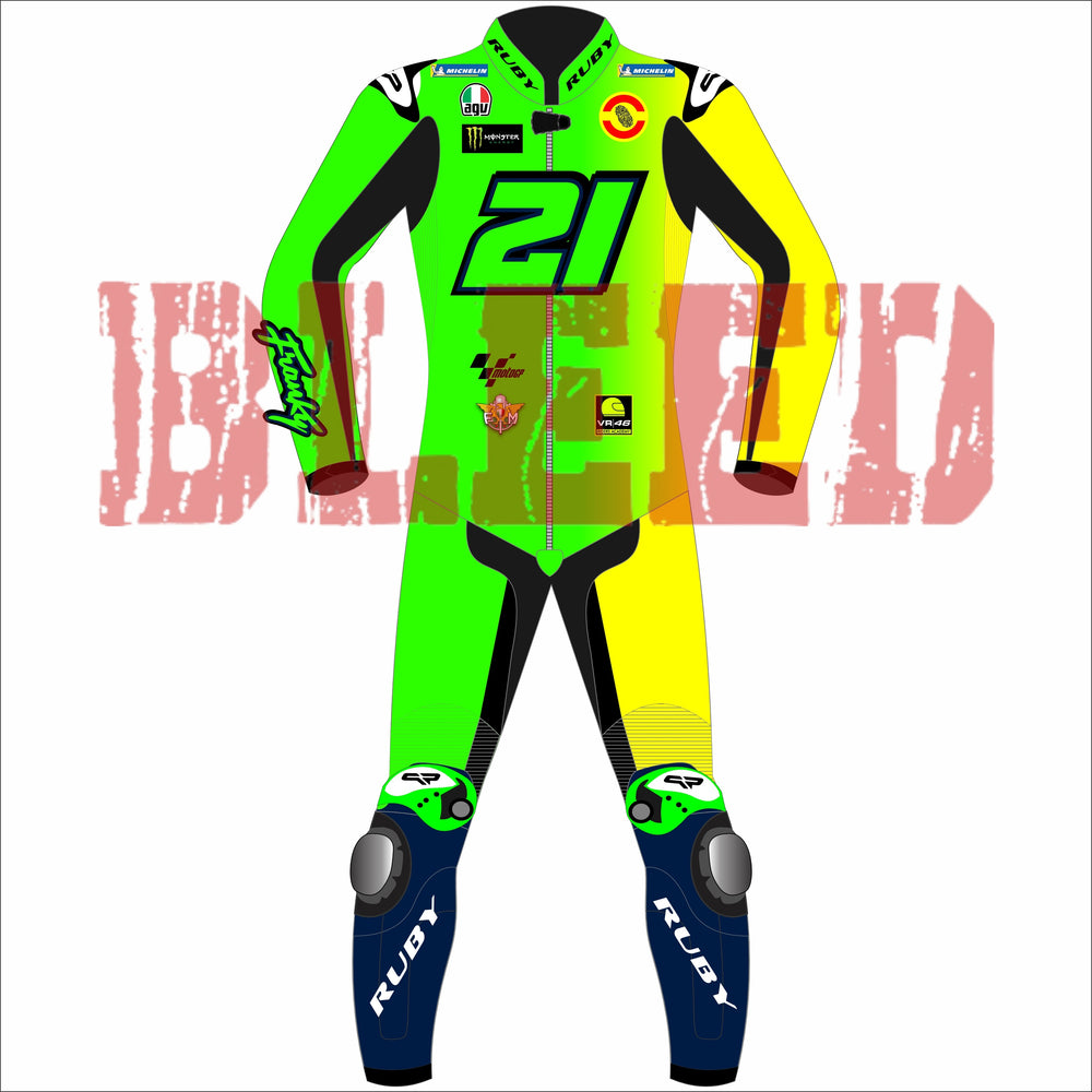 Franco Morbidelli's 2025 MotoGP racing suit, worn during the Barcelona winter test. The suit features a sleek design with the number 21 prominently displayed on the chest and back. It includes sponsor logos from Michelin and Bleed, and protective padding on the knees and elbows. The suit is predominantly neon green and yellow with black accents, and the brand name 'Bleed' is visible on the arms and legs.