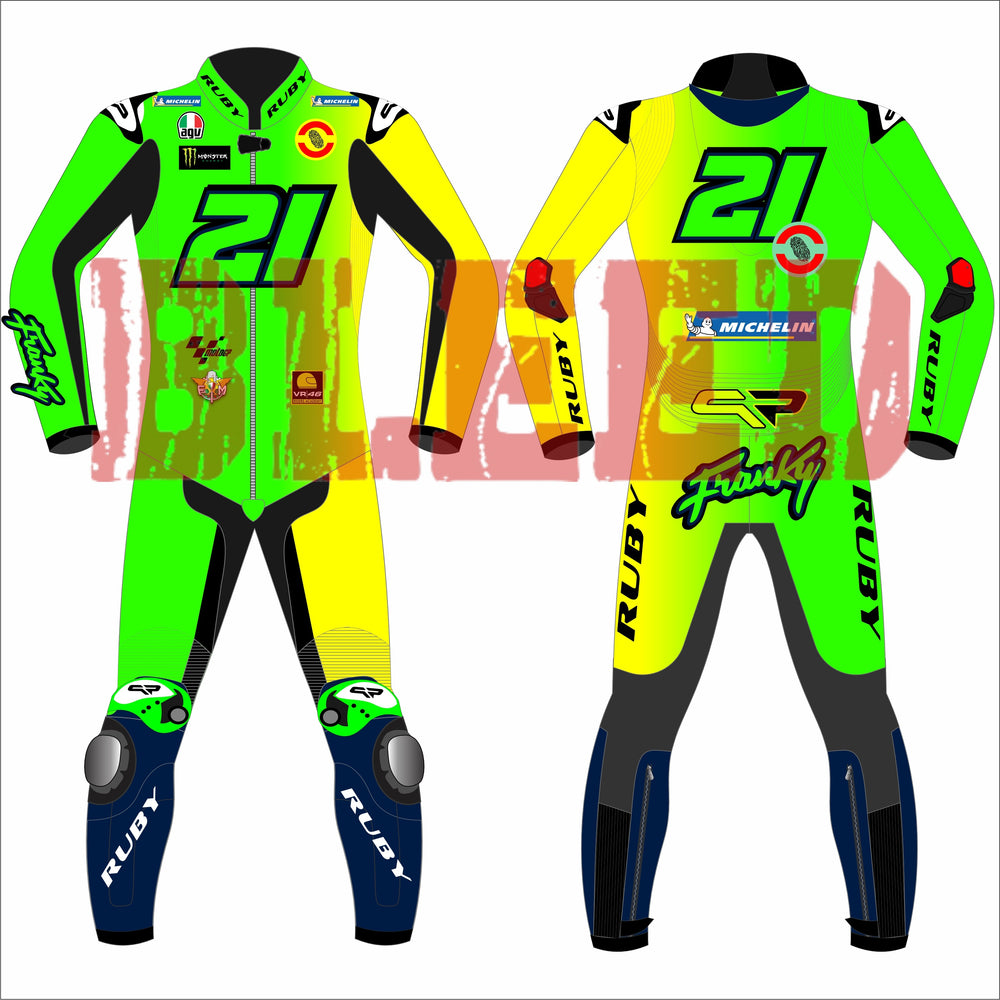Franco Morbidelli's 2025 MotoGP racing suit, worn during the Barcelona winter test. The suit features a sleek design with the number 21 prominently displayed on the chest and back. It includes sponsor logos from Michelin and Bleed, and protective padding on the knees and elbows. The suit is predominantly neon green and yellow with black accents, and the brand name 'Bleed' is visible on the arms and legs."